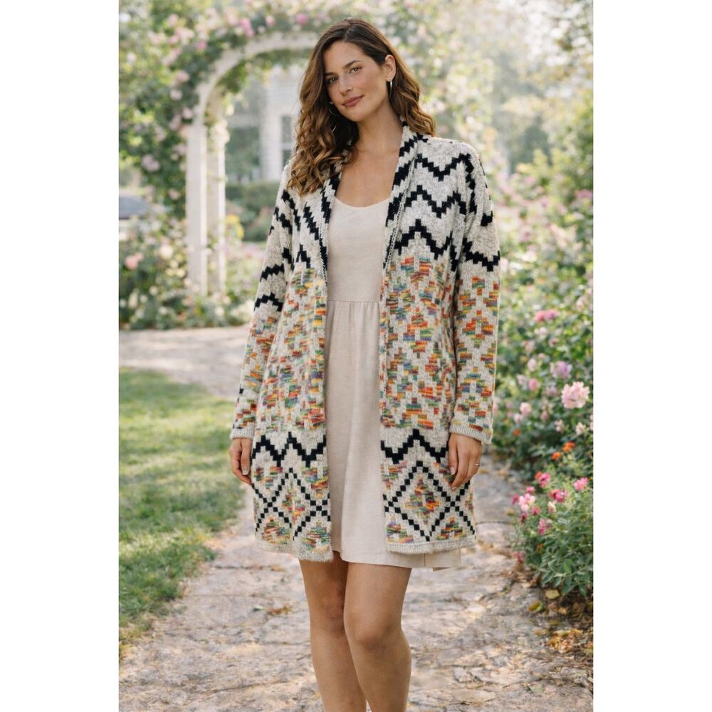 Dreamers Open Front Cotton Blend Tribal Geo Cardigan Artsy Boho Oversized | S/M
